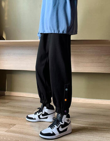 白色裤子男潮ins港风春夏季宽松束脚裤韩版宽松休闲排扣运动 黑色3纽扣裤子(常规款 L码(110-130斤)